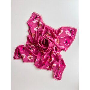 COACH Pink Poppy Floral Print Silk Crepe Fringe 43" x 43" Square Scarf